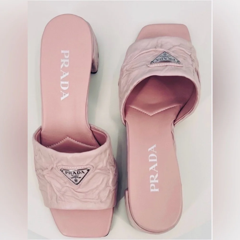 Prada Crinkled Leather Block-Heel Slip on Logo Mules Sandals size 8 Pale Pink